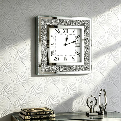 Crystal Crush Diamond Mirrored Square Wall Clock with Sparkle Twinkle Bling Diamond Decor for Wall Decoration, 12x12inch Decorative Silver Mirror Quartz Clock for Home Decor. AA Battery not included