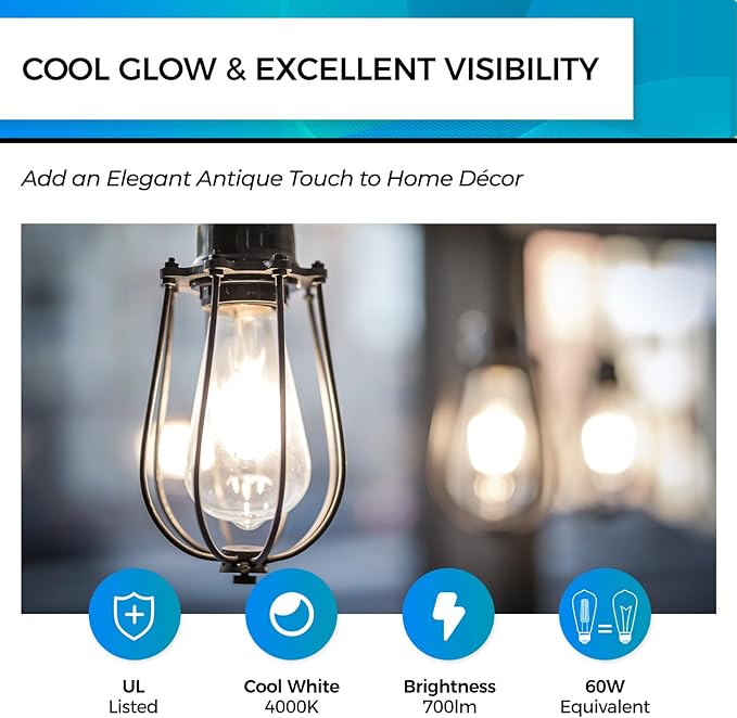 Hizashi Vintage LED Edison Bulb Dimmable, 6W Equivalent 60W, 4000k Neutral White - Image 2