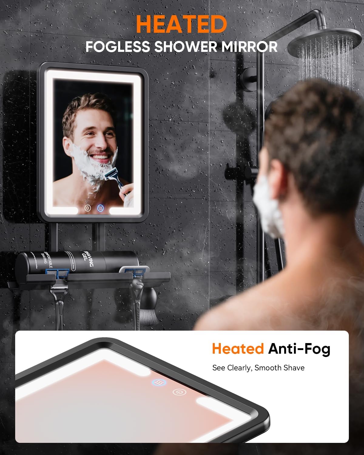 Heated Shower Mirror Fogless for Shaving (Gen 3) - 3 Colors Stepless Dimmable Lights, Anti-Fog Shaving Mirror with Razor Holder, No-Drilling, Removable - Black