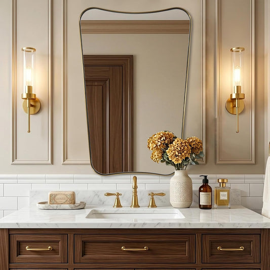 Irregular 20"x30" Brushed Gold Vanity Mirror | Anti-Rust Stainless Steel Frame, Soft Wavy Silhouette, Organic Bathroom Decor, Ideal for Bathroom Remodel, Hangs Vertically