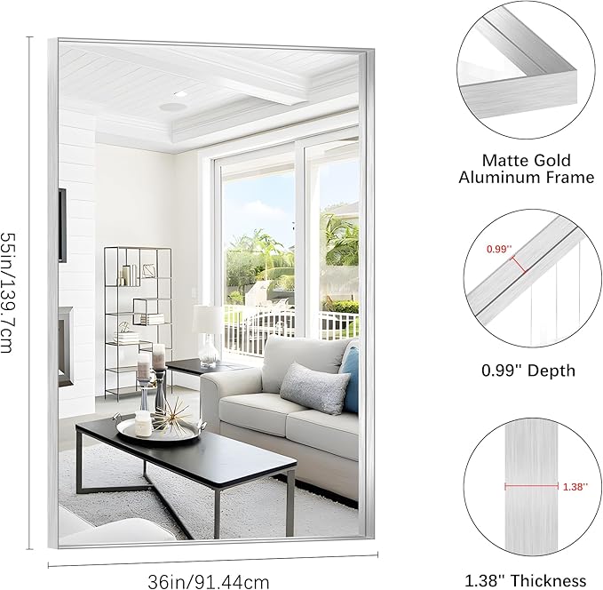 Silver Bathroom Mirror, 36x55 Inch Rectangular Deep Frame Mirror, Large Wall - Image 3