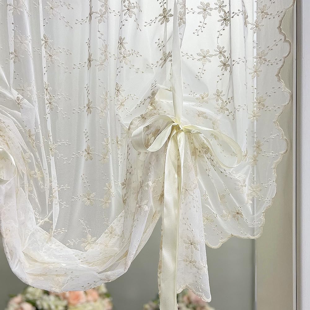 Beige Romantic Little Floral Woven Lace Tie Up Balloon Curtain for Kitchen | Liftable Tier Roman Blind Scallop Edge Lace Cafe Curtain Victorian Drapes for Small Window Balcony Doorway Rod Pocket