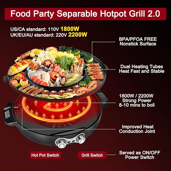 Food Party Hot Pot Electric Korean BBQ Grill 2 in 1 Hotpot Smokeless Indoor - Image 2