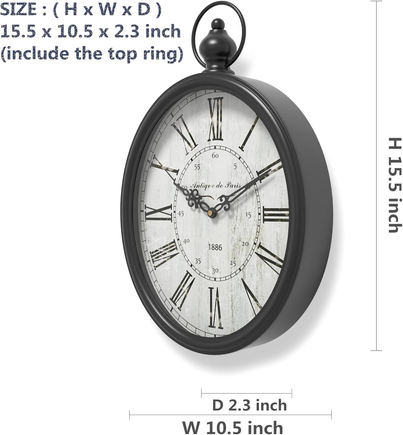 Menterry Large Oval Retro Wall Clock, Rustic Vintage Style, Antique Black | Battery Operated Silent Decor Wall Clocks for Living Room,Kitchen,Farmhouse,Office (15.5" H x 10.5" W)