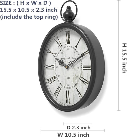 Menterry Large Oval Retro Wall Clock, Rustic Vintage Style, Antique Black | Battery Operated Silent Decor Wall Clocks for Living Room,Kitchen,Farmhouse,Office (15.5" H x 10.5" W)