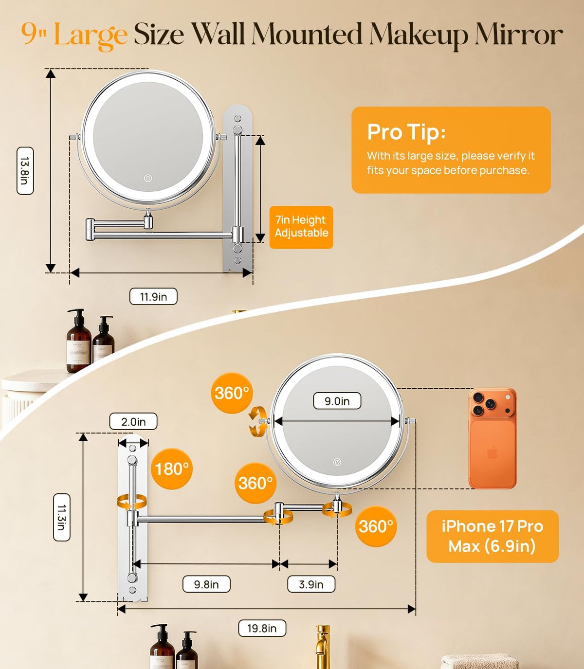 Gospire 9” Wall Mounted Makeup Mirror with Magnification 10X - Chrome | 7in Height Adjustable Vanity Lighted Mirrors for Bathroom Wall, 360° Extended Arm Shaving Wall Mirror with Lights