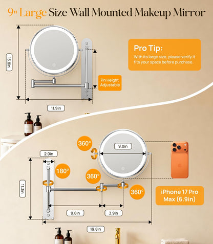 Gospire 9” Wall Mounted Makeup Mirror with Magnification 10X - Chrome | 7in Height Adjustable Vanity Lighted Mirrors for Bathroom Wall, 360° Extended Arm Shaving Wall Mirror with Lights