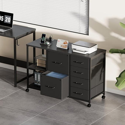 6 Drawer File Cabinet with Charging Station Rolling Printer Stand with Open - Image 2