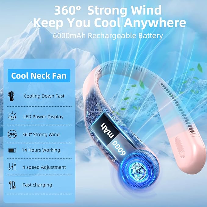 Portable Neck Fan, Hands Free Personal Wearable Bladeless Fan, 6000mAh USB - Image 7