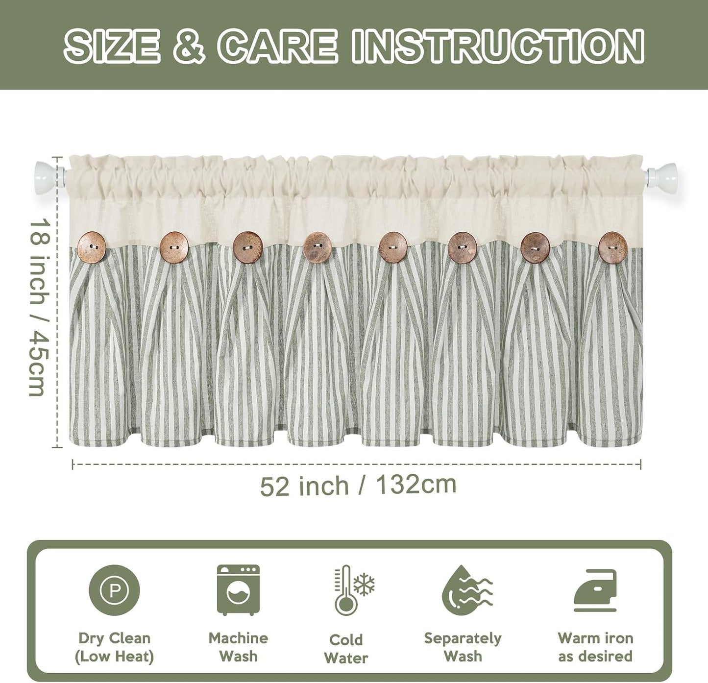 BLEUM CADE Farmhouse Valances for Windows, Cotton Linen Kitchen Curtains Valance, Boho Small Window Curtains for Kitchen, Bathroom, Cafe, Green Stripe Valance with Rustic Buttons, 52 x 18 Inch