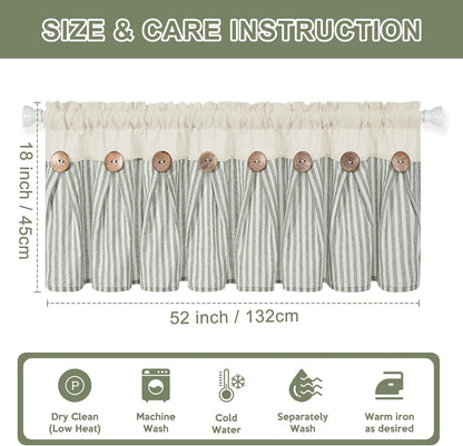 BLEUM CADE Farmhouse Valances for Windows, Cotton Linen Kitchen Curtains Valance, Boho Small Window Curtains for Kitchen, Bathroom, Cafe, Green Stripe Valance with Rustic Buttons, 52 x 18 Inch