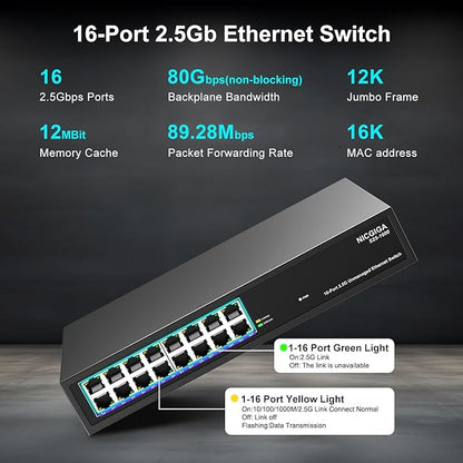 16 Port 2.5Gb Ethernet Switch Unmanaged, NICGIGA 16 Port 2.5G Network Switch - Image 2