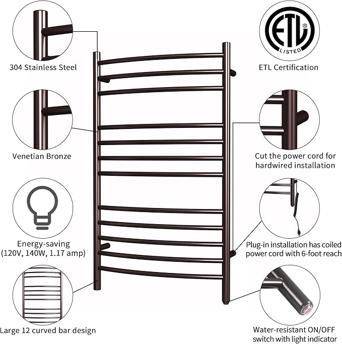 HEATGENE Towel Warmer Venetian Bronze, Electric Hot Towel Rails, Wall-Mounted - Image 2