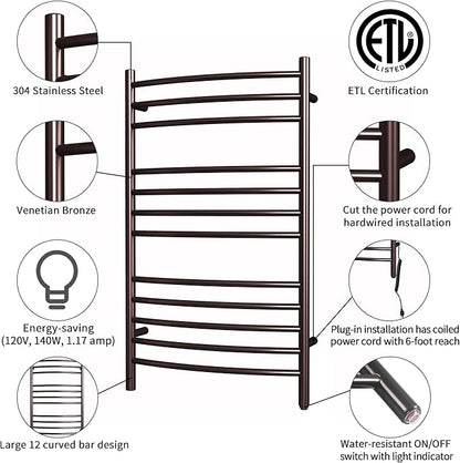 HEATGENE Towel Warmer Venetian Bronze, Electric Hot Towel Rails, Wall-Mounted - Image 2