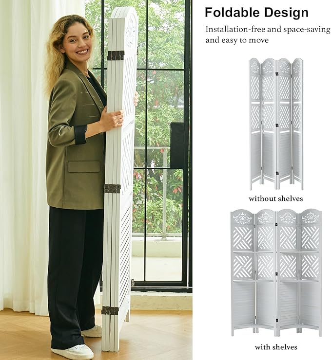 Svimi Room Divider with Shelves, 68.9inch Wood Carved and Louvered Wall Divider - Image 4