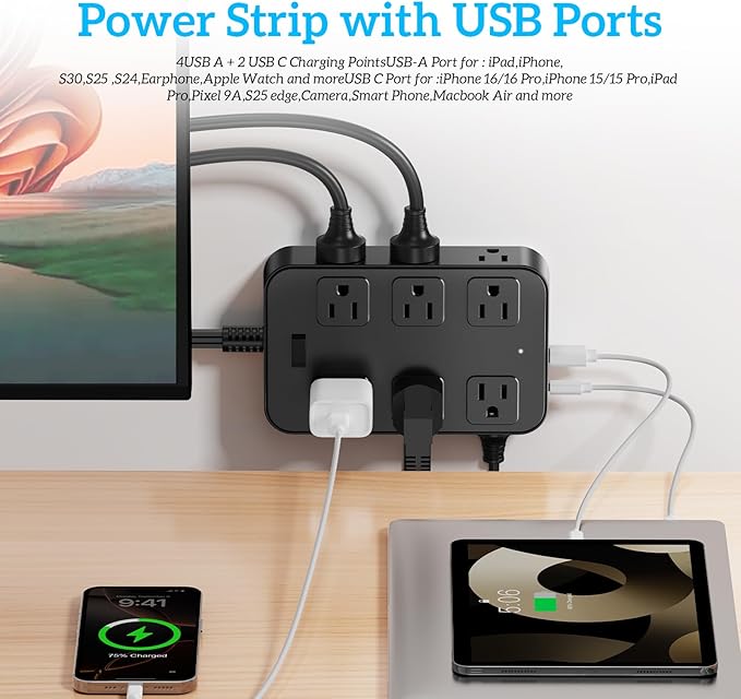 Solidock Flat Plug Power Strip Surge Protector 5 Ft Extension Cord - Image 3