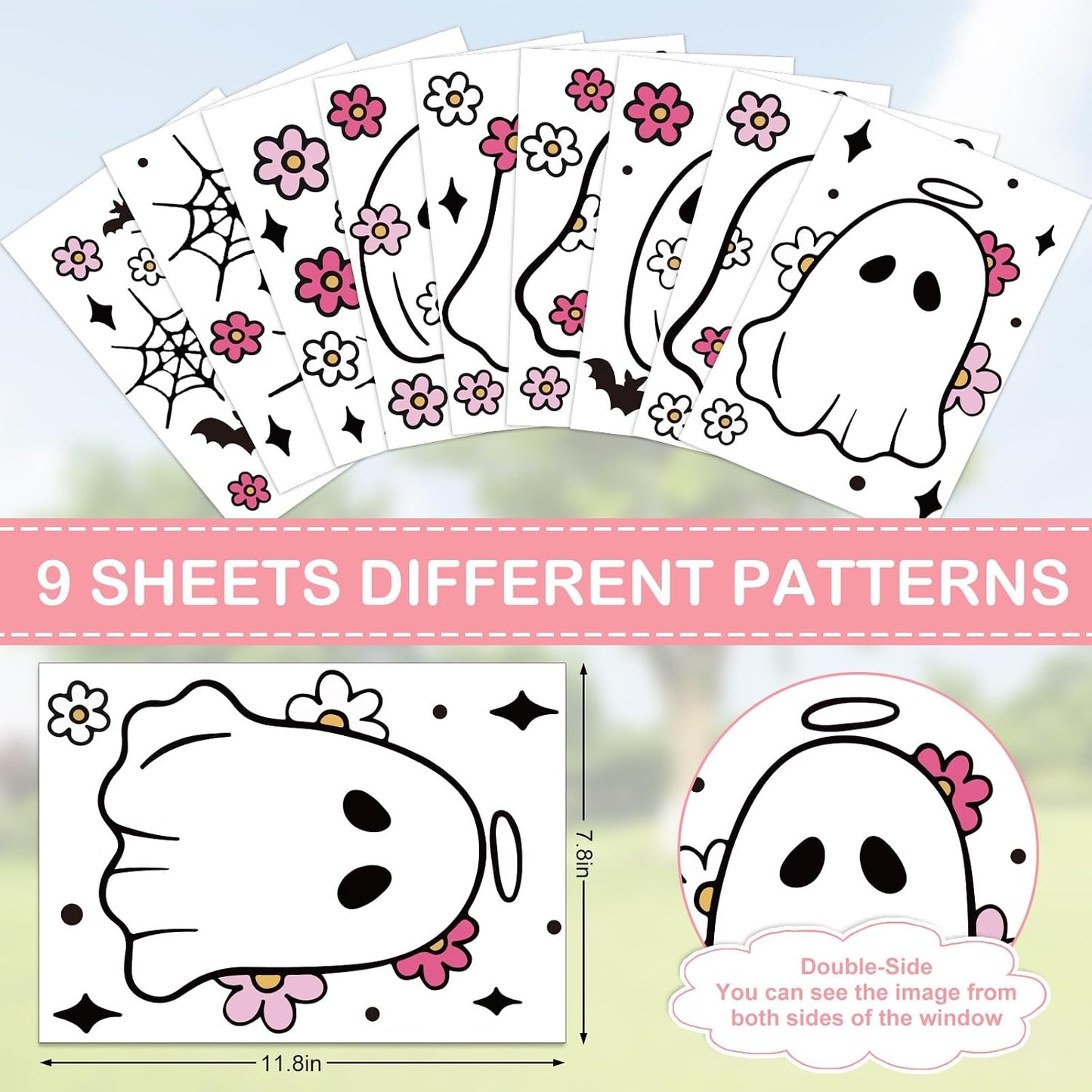 JarThenaAMCS 84Pcs Halloween Window Clings Floral Ghost Window Stickers Cute Double-Side Glass Decals for Home Party Favor Supplies, 7.9 x 11.8 Inch, 9 Sheets