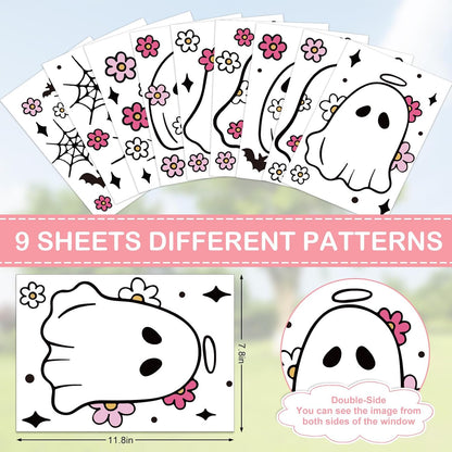 JarThenaAMCS 84Pcs Halloween Window Clings Floral Ghost Window Stickers Cute Double-Side Glass Decals for Home Party Favor Supplies, 7.9 x 11.8 Inch, 9 Sheets
