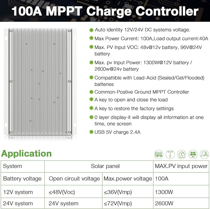 OOYCYOO MPPT Charge Controller 100 amp 12V/24V Auto, 100A Solar Panel Charge - Image 2