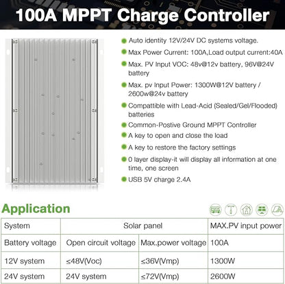 OOYCYOO MPPT Charge Controller 100 amp 12V/24V Auto, 100A Solar Panel Charge - Image 2