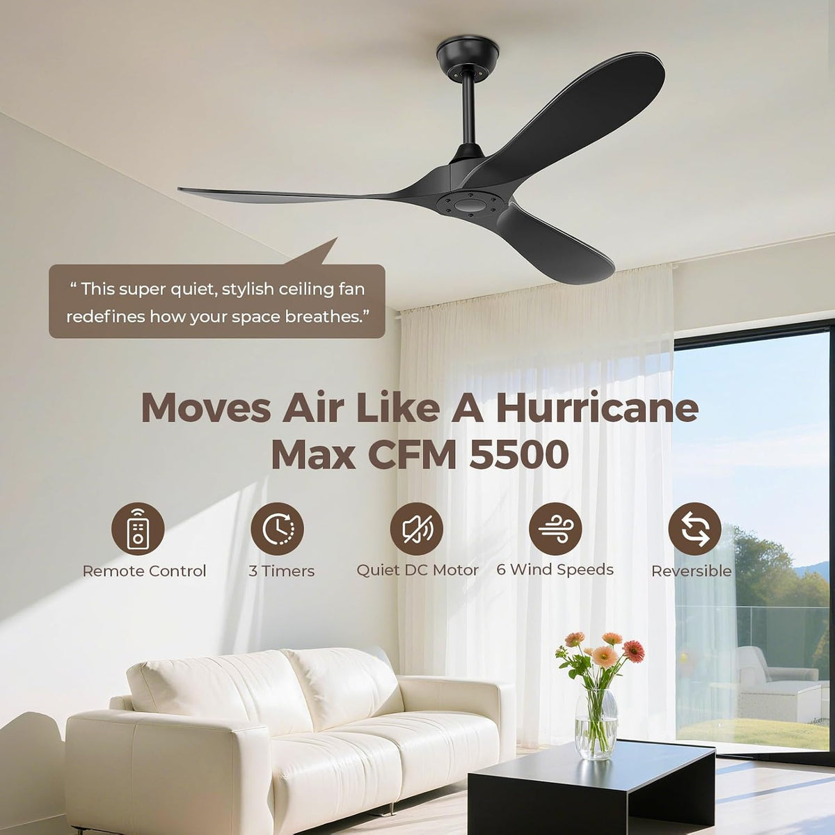 Obabala Black Outdoor Ceiling Fan, 52 in Ceiling Fans No Light with Remote Co...