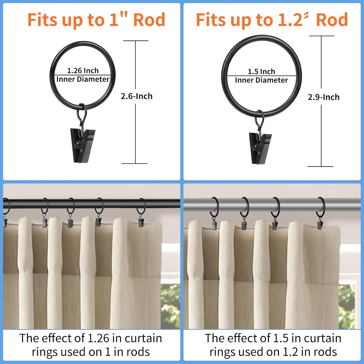 Curtain Rings with Clips, 42 Pack Metal Drapery Rings with Clips Hooks Hangers for Hanging Drapes Bows Hats, Drapes Rings 1.26 in Interior Diameter, Fits Up to 1 in Curtain Rod, Black