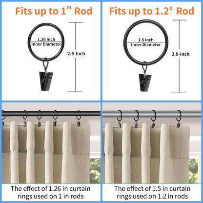 Curtain Rings with Clips, 42 Pack Metal Drapery Rings with Clips Hooks Hangers for Hanging Drapes Bows Hats, Drapes Rings 1.26 in Interior Diameter, Fits Up to 1 in Curtain Rod, Black