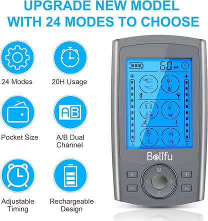 Belifu Dual Channel TENS EMS Unit 24 Modes Muscle Stimulator - Image 3