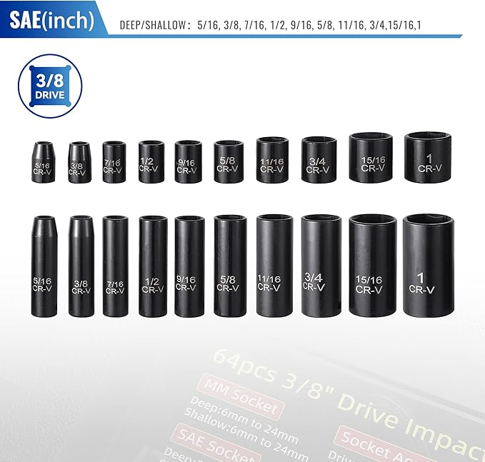 64-Piece 3/8" Drive Socket Set, SAE & Metric, Deep & Shallow, 72-Tooth Ratchet - Image 3