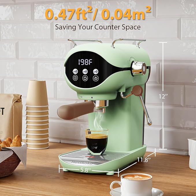 Espresso Machine with Steam Milk Frother Semi Automatic 20 Bar Compact Green - Image 5
