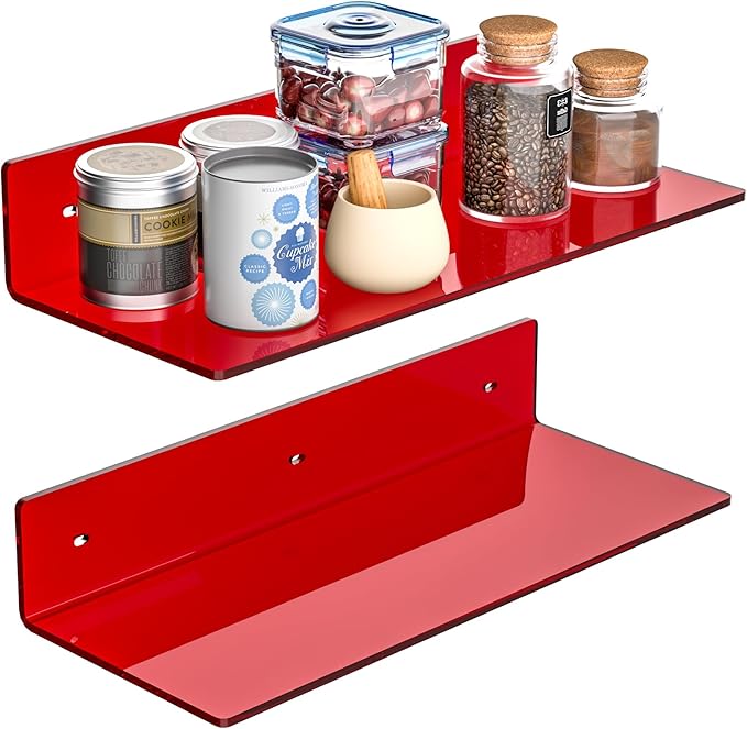 15 Inches Red Acrylic Shelves, Wall Mounted Shelves by Sezanrpt