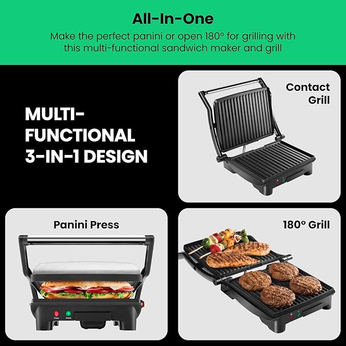 Chefman Panini Press Grill and Gourmet Sandwich Maker Non-Stick Coated Plates - Image 3