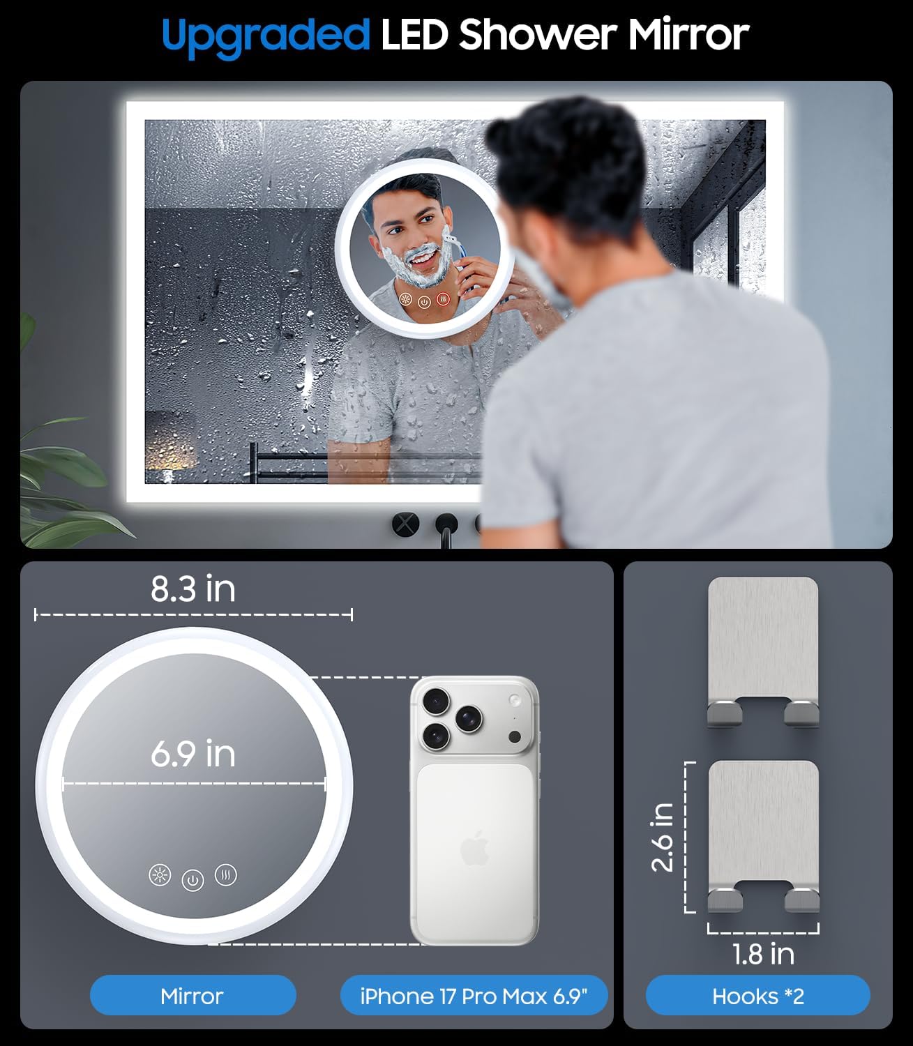 Gospire Upgraded Heated Shower Mirror Fogless for Shaving, 5000mAh Battery | 360° Swivel & Magnetic Design, 8.3” Anti-Fog Shower Shaving Mirror with 3 Color Lights, No Drilling, With 2PCS Adhesive Hooks