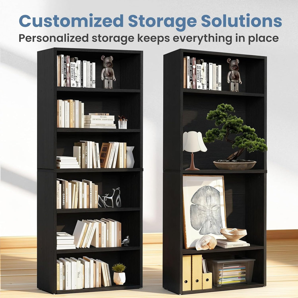 DUMOS 6-Tier Bookcase, 63 Inch Tall Open Bookshelf, Modern Black