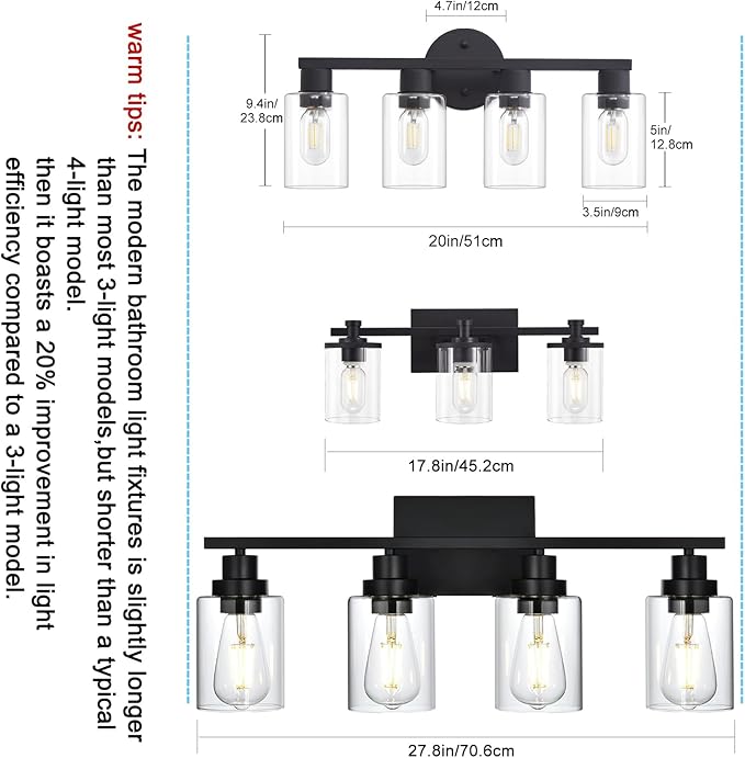 4 Light Bathroom Vanity Light, Matte Black Bathroom Light Fixtures - Image 5