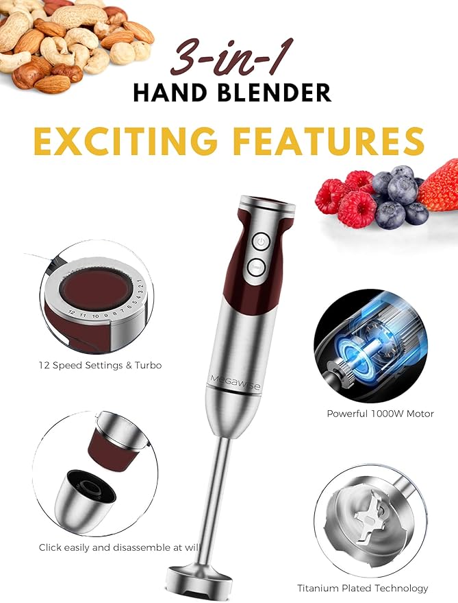 MegaWise Pro Titanium Reinforced 3-in-1 Immersion Corded Hand Blender, Powerful - Image 4