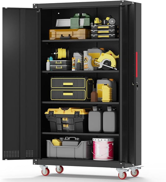 Metal Garage Cabinets with Wheels| 71" Steel Lockable Garage Storage Cabinet by ElteanStorageSolutions