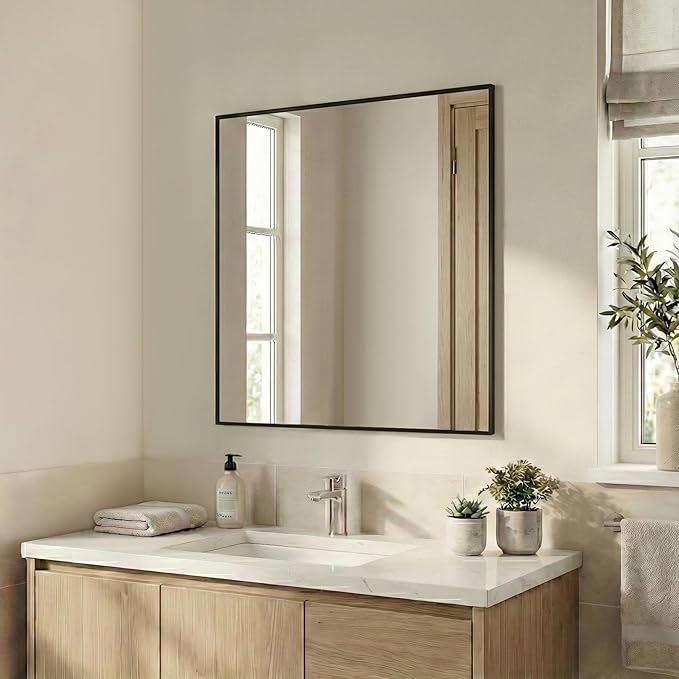 30''x30'' Square Black Bathroom Mirror, Matte Metal Framed Wall Mirror - Image 2