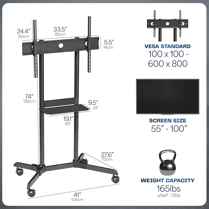 VIVO Mobile TV Cart for 55 to 100 inch Screens up to 165 lbs, LCD LED OLED 4K - Image 3