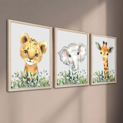 Baby Safari Nursery Wall Decor - Set of 3 Pictures Cute Animal Wall Prints on Canvas Jungle Nursery Safari Decor gifts for Baby Boys and Girls Room, Framed Wall Art (Framed 12 x16in)
