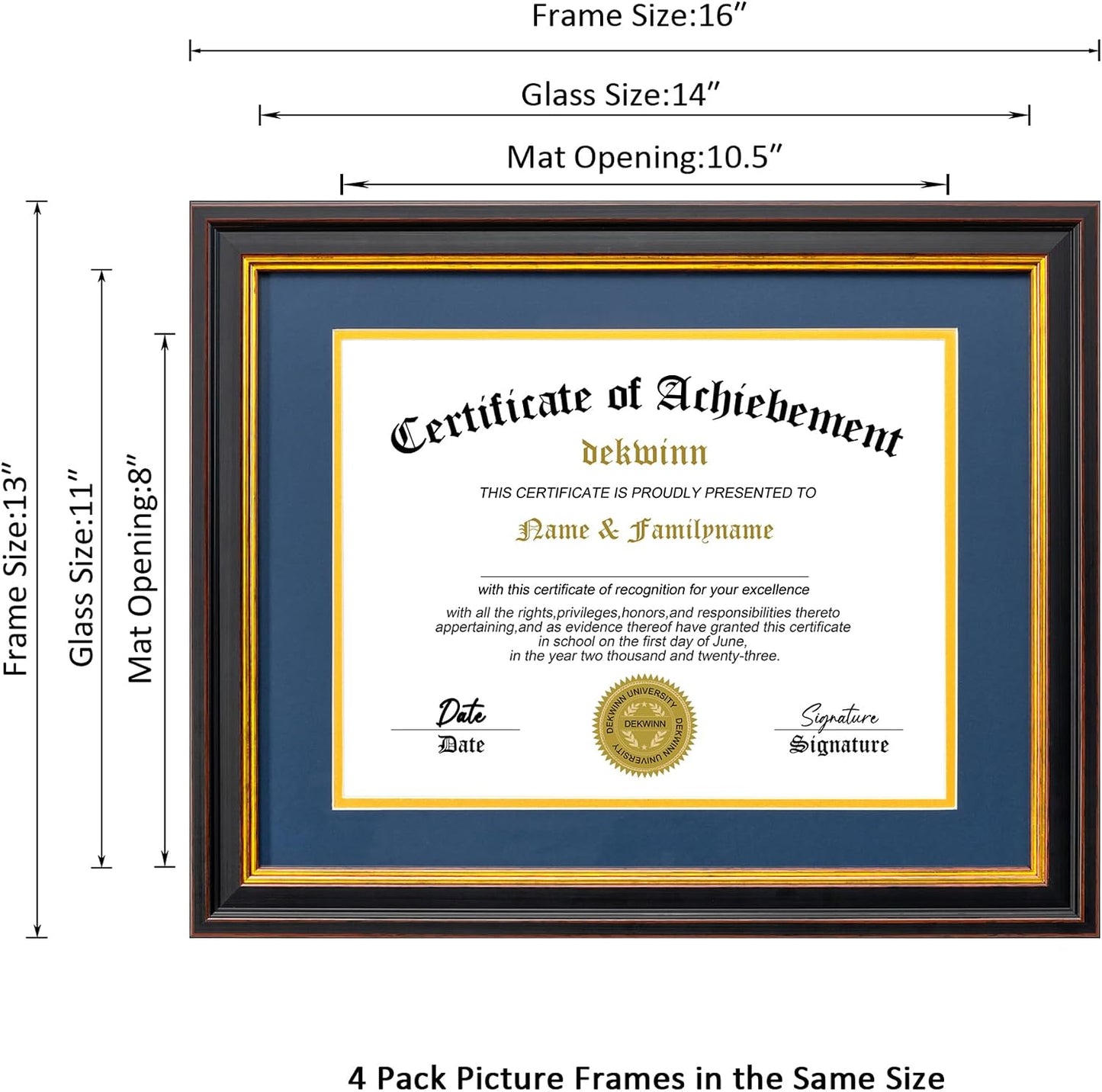 Diploma Frames 8.5x11 with Mat or 11x14 without Mat,4 Pack Certificate Document Frame with Real Glass,Black Gold & Burgundy Molding(Blue/Gold Double Mat)