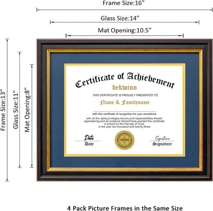 Diploma Frames 8.5x11 with Mat or 11x14 without Mat,4 Pack Certificate Document Frame with Real Glass,Black Gold & Burgundy Molding(Blue/Gold Double Mat)