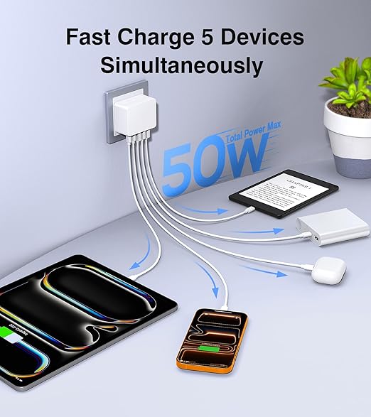 USB C Charger Block Thin Flat 50W 5-Port Wall Charger 2-Pack Type C Fast - Image 2