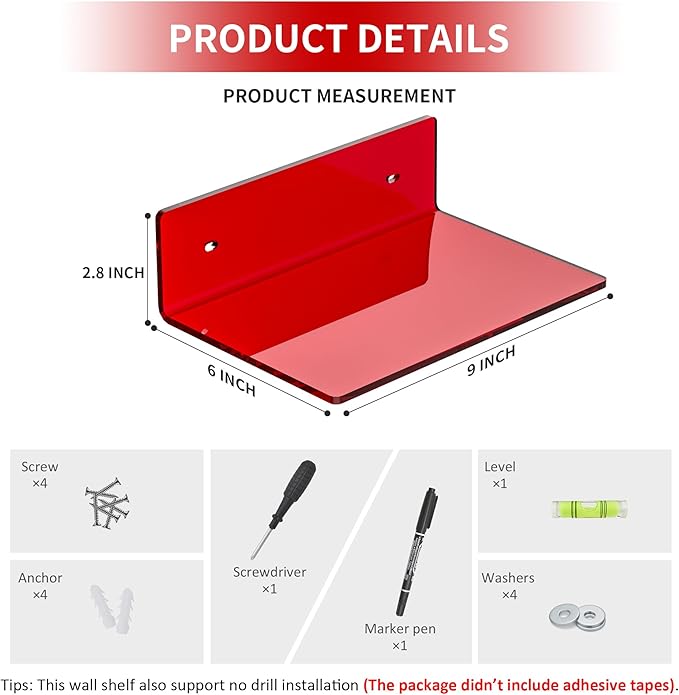 9 Inch Red Acrylic Small Wall Shelf, Home Wall Display Ledges - Image 2