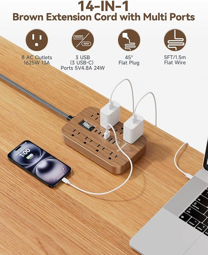 Walnut Power Strip with USB Ports - 5 FT Wood Power Strip - Image 3