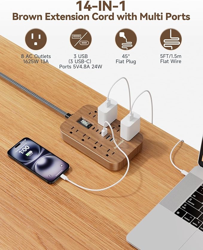 Walnut Power Strip with USB Ports - 10 FT Wood Power Strip - Image 3