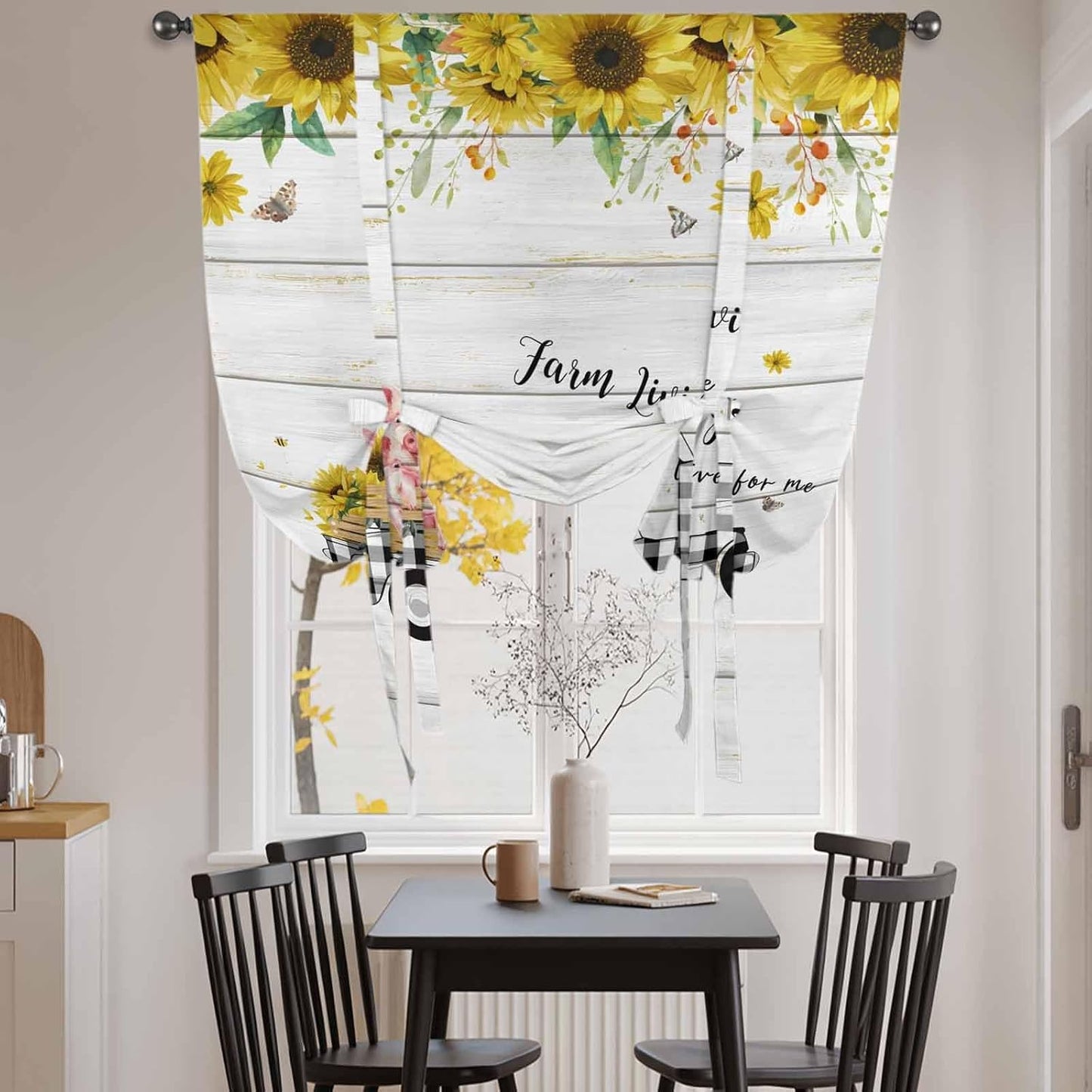 Sunflowers Tie Up Curtains for Window, Spring Botanical Truck Pig Wooden Grain Thermal Insulated Balloon Shade Adjustable Rod Pocket Curtains Valance Panels for Kitchen Bathroom Café 42'' x 63''