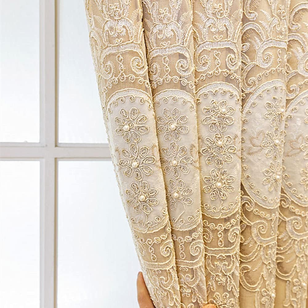 Amidoudou 1 Pair European Double Layer Curtains with Valances for Living Room Bedroom Luxury 3D Flower Embroidered Curtains (Yellow,52x84 Inch)