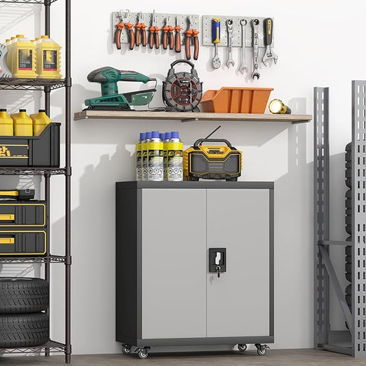 GREATMEET Garage Cabinets with Wheels, Small Storage Cabinet with Doors and by GREATMEET