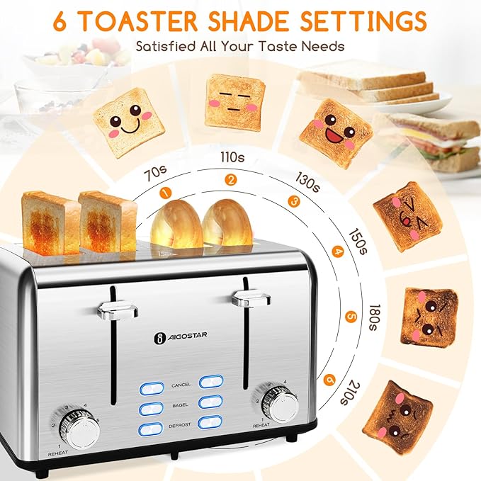 Aigostar Toaster 4 Slice 1.6" Wide Slot Stainless Steel Toasters - Image 3